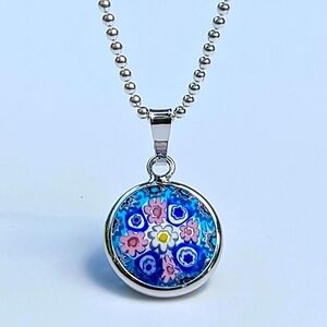Italian Artisan • Handcrafted Murano Millefiori Glass Pendant • Pink • Blue